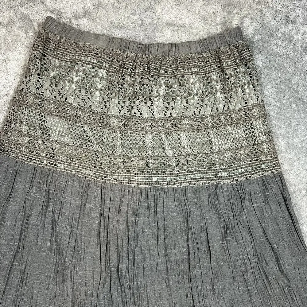 J.Crew‎ Tiered Maxi Skirt Womens L Gray Embroidered Lined Rayon Eyelet Lace-Trim